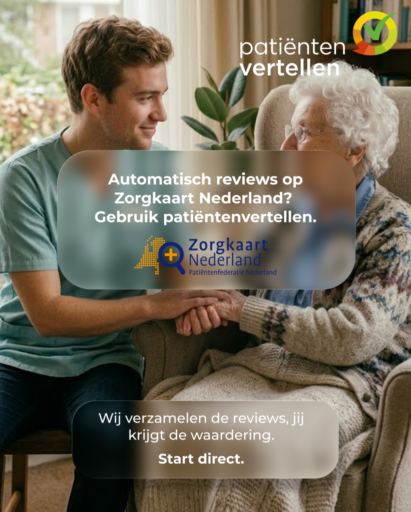 Zorgverlener houdt geruststellend de hand van een patiënt vast, ter illustratie dat Patiëntenvertellen en ZorgkaartNederland de handen ineen slaan voor automatische reviews.
