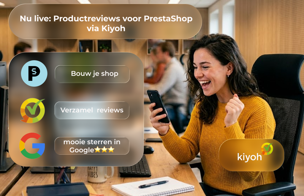 Juichende vrouw achter bureau met smartphone, ter illustratie van de nieuwe PrestaShop en Kiyoh productreviews koppeling.