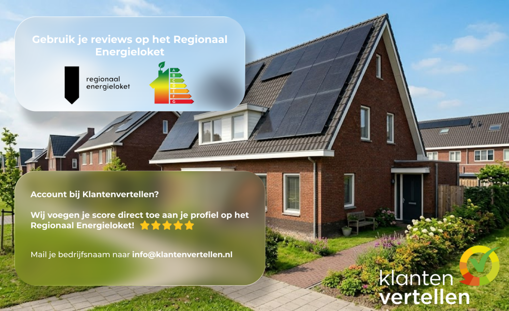 Een moderne hoekwoning met zonnepanelen op het dak, met grafische overlays over het tonen van Klantenvertellen reviews op het Regionaal Energieloket.