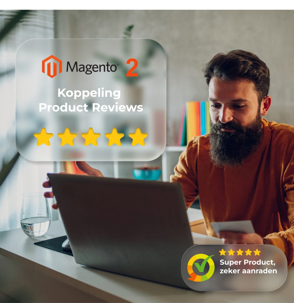 Man met laptop en betaalpas, met grafische overlays van Magento 2 en een Kiyoh product review.