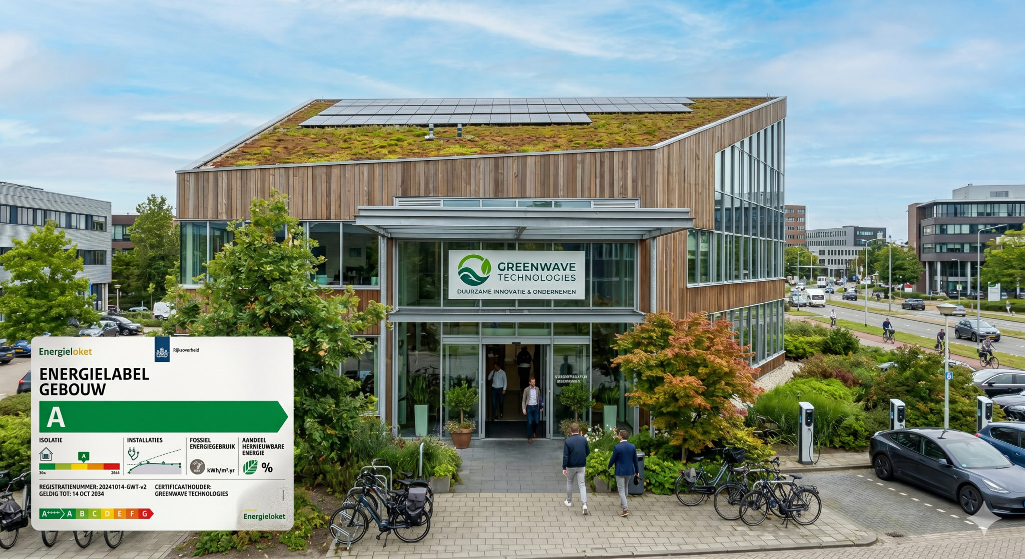 Modern, duurzaam kantoorgebouw van Greenwave Technologies met een groen dak, zonnepanelen en een Energielabel A overlay.