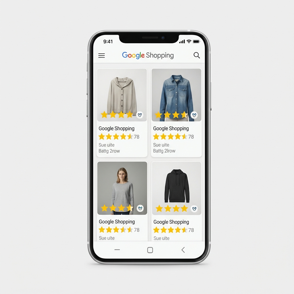 Smartphone waarop de Google Shopping interface te zien is met kledingstukken en gele review sterren.