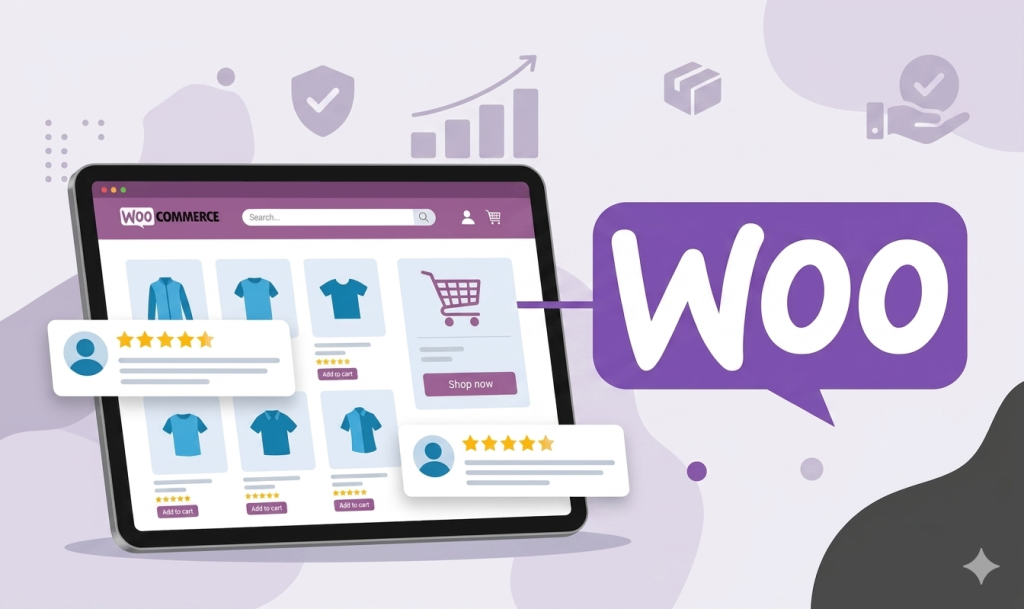 Illustratie van een tablet met een WooCommerce webshop en zwevende, positieve productreviews.